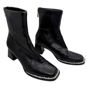Randa Leather Black Block Heel Square Toe Boots with Pearl Trim size M / US 7